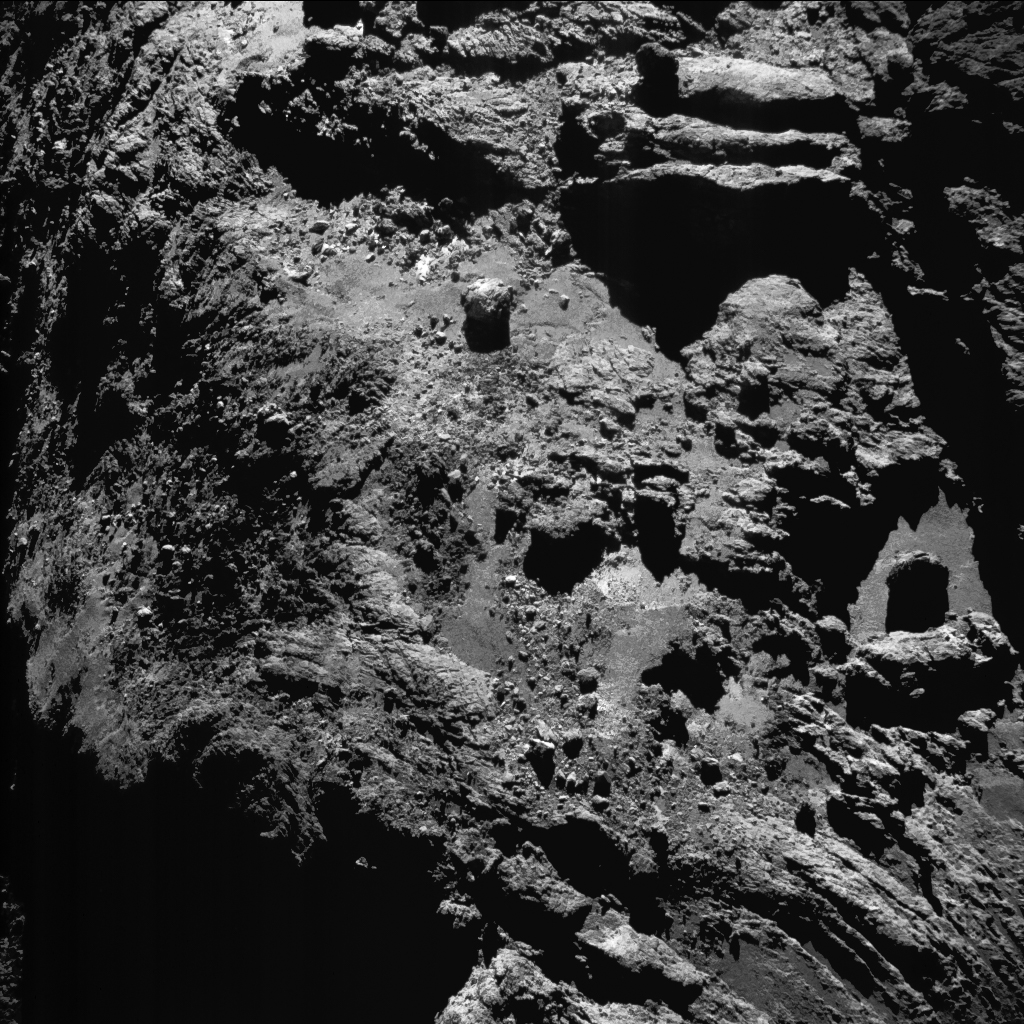 9 July 2016 when Rosetta was 11 km from the centre of the nucleus of Comet 67P Churyumov-Gerasimenko The average scale is 1 m per pixel and the image measures about 1 km across.jpg